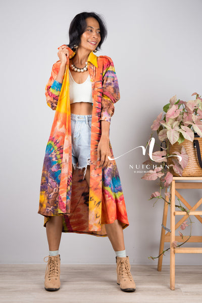 Tie dye shirt dress, Hand dyed midi Dress, Boho Festival dress, rainbow dress, hippie dress, colourful button dress, Summer dress with pockets