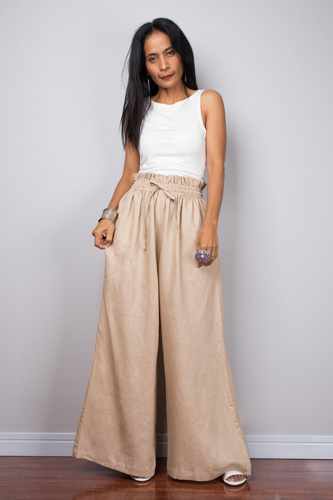 Handmade natural linen long wide leg palazzo pants with pockets. Beige –  Nuichan