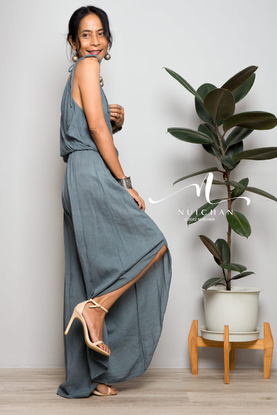 Nuichan women's cotton jumpsuit | Grey cotton cami jumper with splits
