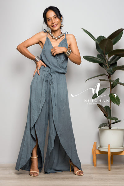 Nuichan women's cotton jumpsuit | Grey cotton cami jumper with splits
