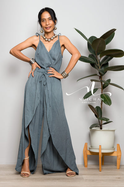 Nuichan women's cotton jumpsuit | Grey cotton cami jumper with splits