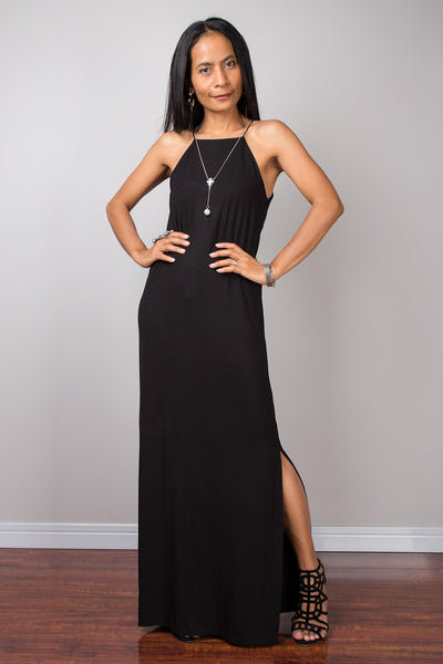 Black dress, Spaghetti halter dress, summer dress, maxi dress, sleeveless dress, long black dress, split dress, tube dress