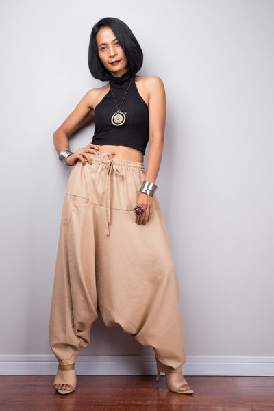 Beige Harem pants | Unisex cotton pants | Loose fit light brown trousers | Summer festival pants