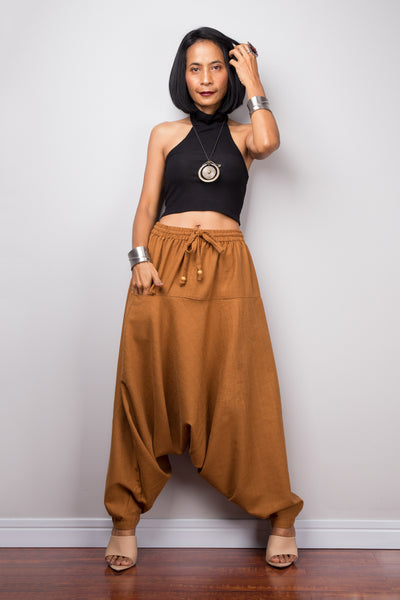 Brown harem pants | Unisex cotton pants | Loose fit brown trousers | Summer festival pants