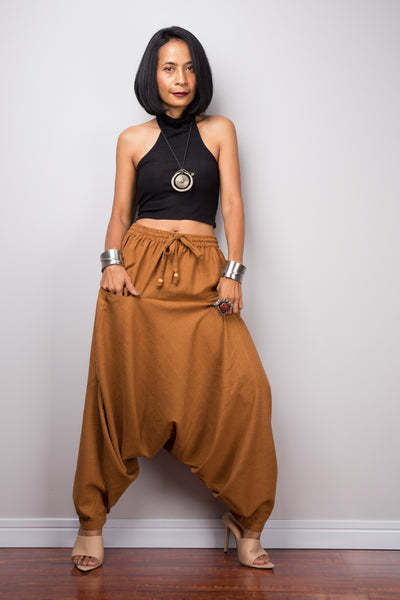 Brown harem pants | Unisex cotton pants | Loose fit brown trousers | Summer festival pants