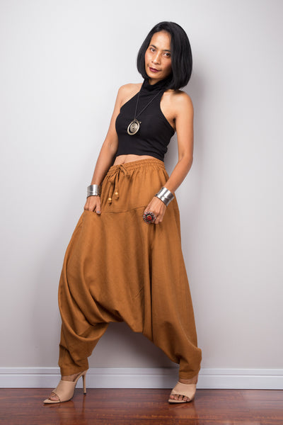 Brown harem pants | Unisex cotton pants | Loose fit brown trousers | Summer festival pants