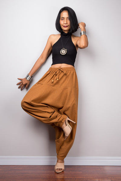 Brown harem pants | Unisex cotton pants | Loose fit brown trousers | Summer festival pants