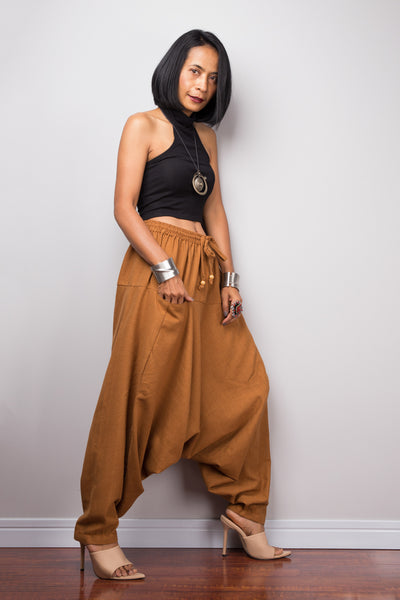 Brown harem pants | Unisex cotton pants | Loose fit brown trousers | Summer festival pants