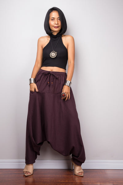 Harem pants | Unisex cotton pants | Loose fit burgundy trousers | Summer festival pants