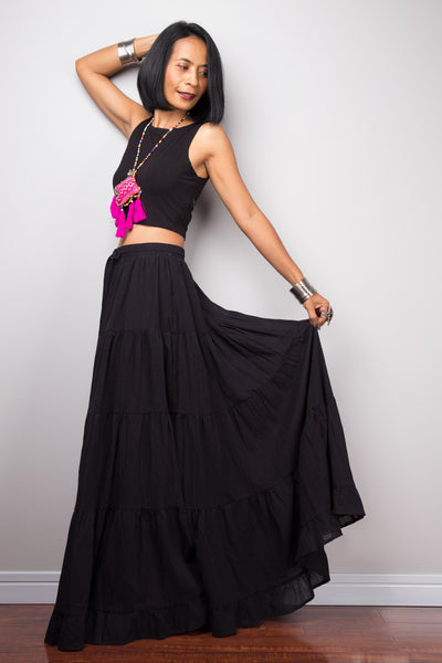 Tiered black peasant maxi skirt