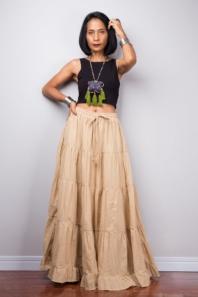 Brown beige skirt | Tiered caramel peasant maxi skirt | Long boho light brown cotton flare skirt