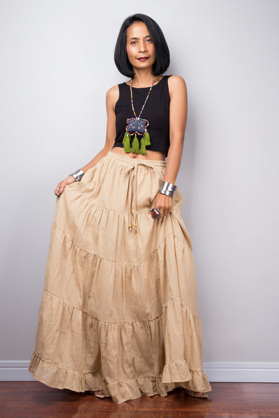 Brown beige skirt | Tiered caramel peasant maxi skirt | Long boho light brown cotton flare skirt