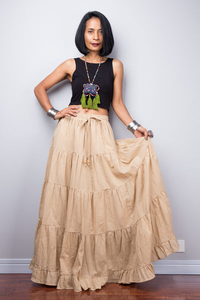 Brown beige skirt | Tiered caramel peasant maxi skirt | Long boho light brown cotton flare skirt