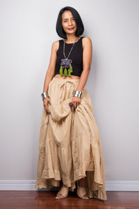 Brown beige skirt | Tiered caramel peasant maxi skirt | Long boho light brown cotton flare skirt