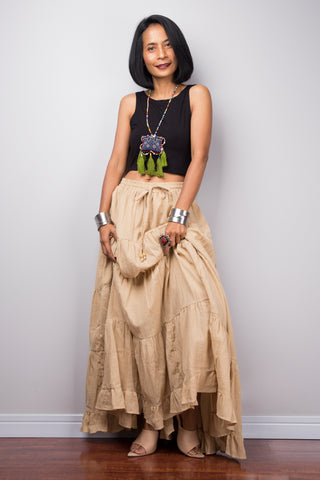 Brown beige skirt | Tiered caramel peasant maxi skirt | Long boho light brown cotton flare skirt