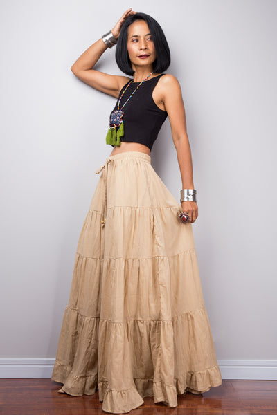 Brown beige skirt | Tiered caramel peasant maxi skirt | Long boho light brown cotton flare skirt