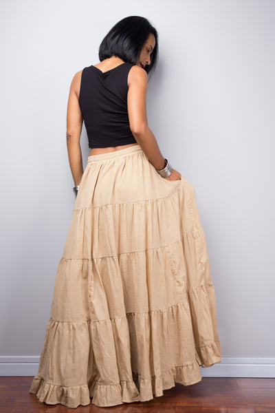 Brown beige skirt | Tiered caramel peasant maxi skirt | Long boho light brown cotton flare skirt