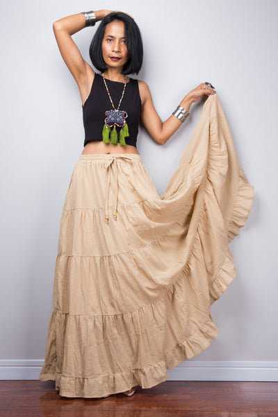 Brown beige skirt | Tiered caramel peasant maxi skirt | Long boho light brown cotton flare skirt