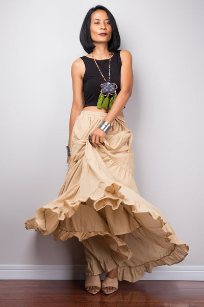 Brown beige skirt | Tiered caramel peasant maxi skirt | Long boho light brown cotton flare skirt
