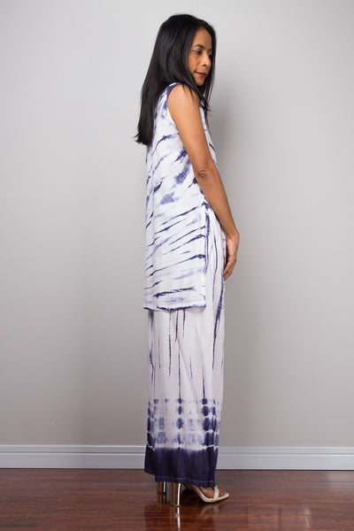 Blue and white top and matching tie dye pants, white tunic, loose fit pants, summer outfit, beach wear, festival outfit