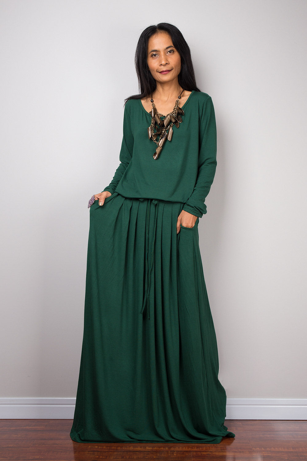 Green maxi dress, long sleeve green dress with pockets : Autumn Thrills Collection No.1s  (Best Seller)