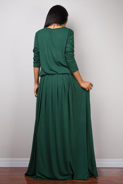 Green maxi dress, long sleeve green dress with pockets : Autumn Thrills Collection No.1s  (Best Seller)