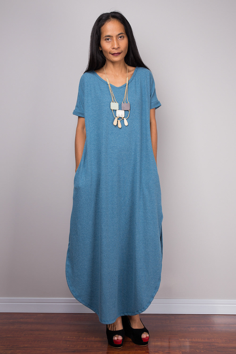 loose fitting dress fit linen wrap  OffOn Easy to clean and maintain Blue Viscose Midi Dress -