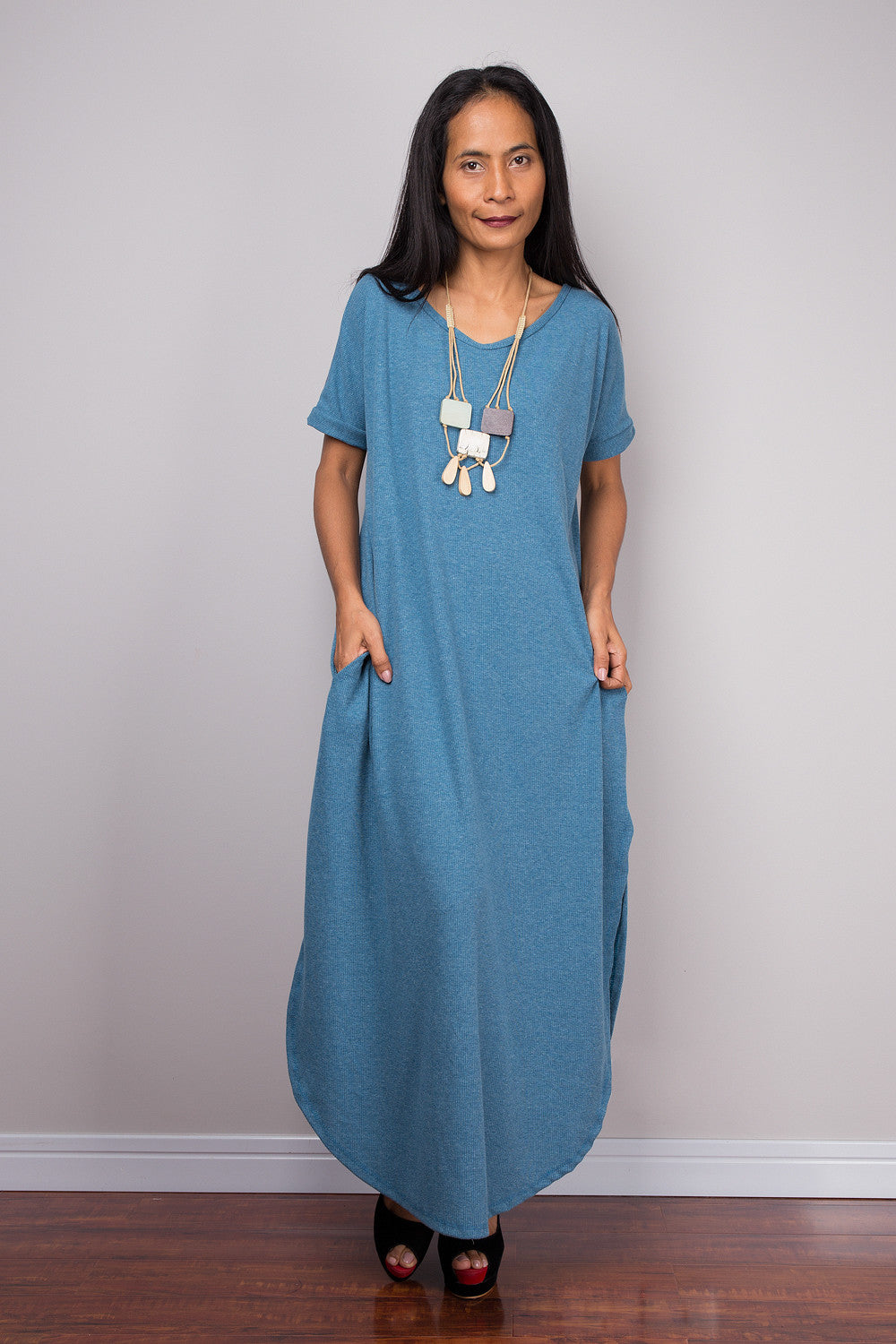ladies loose fitting dresses Brilliant Winter for Women Women Round Neck Long Sleeved Pleated Solid Cotton Linen Dress Gray L Discover our Blue Ribbed Viscose Midi Dress by Nuichan Blue Viscose Midi Dress -