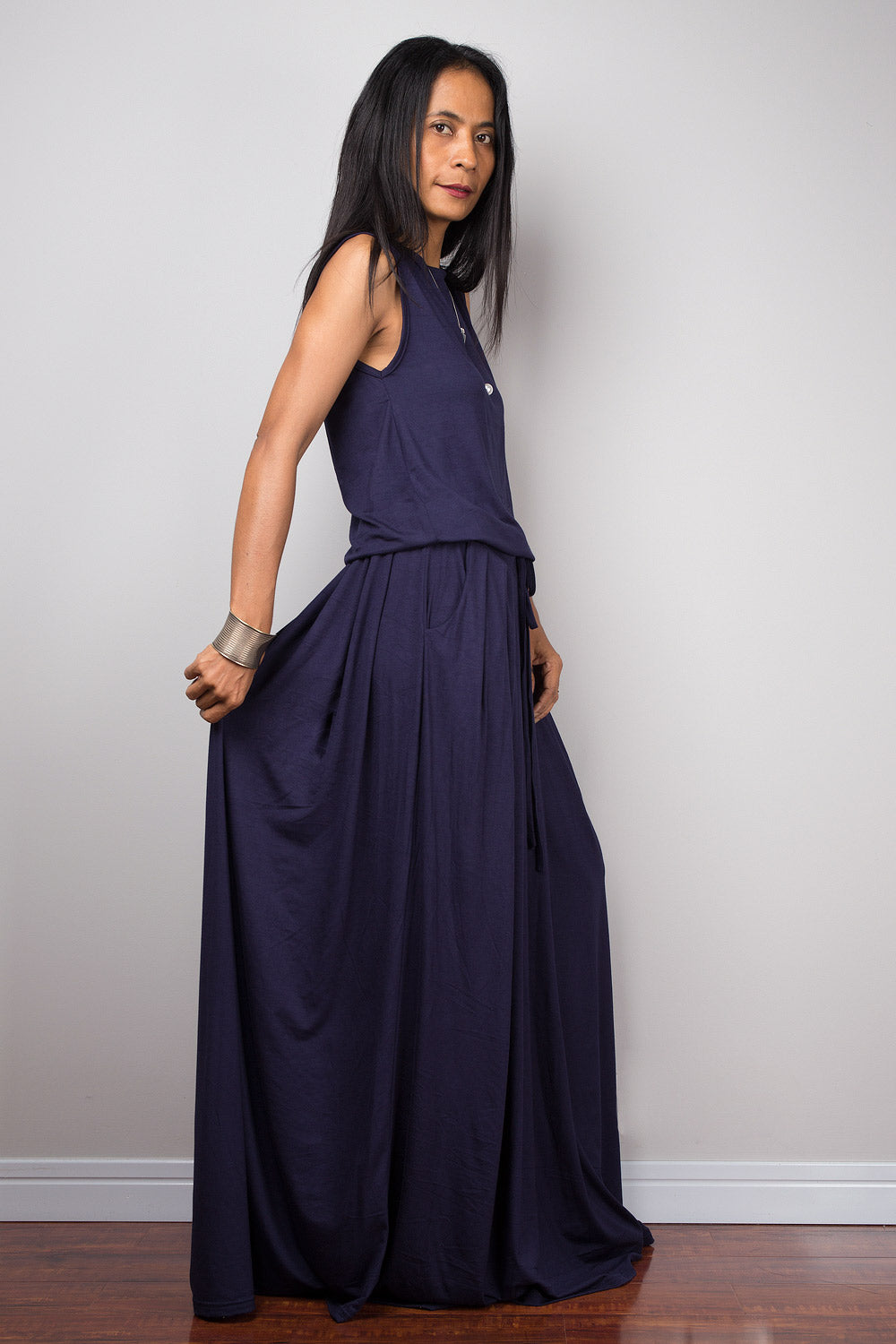 navy blue maxi dress with pockets Long sleeve dark blue maxi dress
