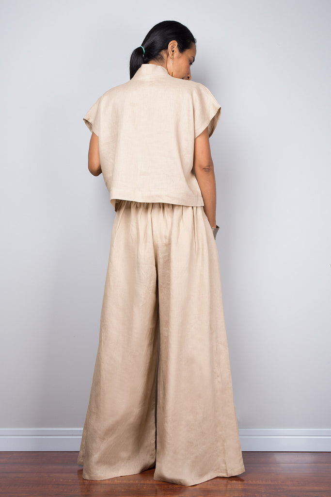 Linen wide leg palazzo pants. High waist women's summer pants