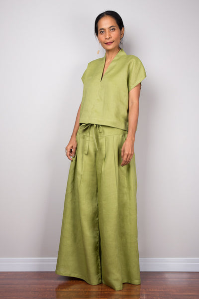 Handmade green linen long wide leg palazzo pants. Olive green high waist women's summer pants