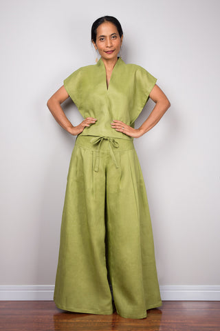 Green top, Handmade linen women's t shirt tunic top. Green summer blouse top