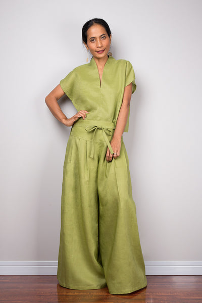 Handmade green linen long wide leg palazzo pants. Olive green high waist women's summer pants