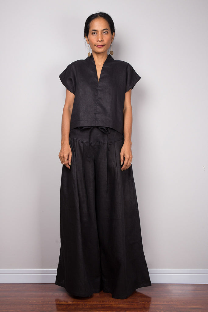 Handmade black linen long wide leg palazzo pants. Black high waist