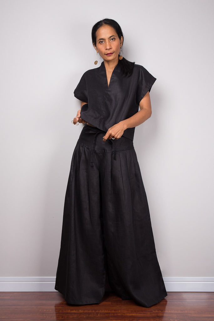 Handmade black linen long wide leg palazzo pants. Black high waist wom –  Nuichan