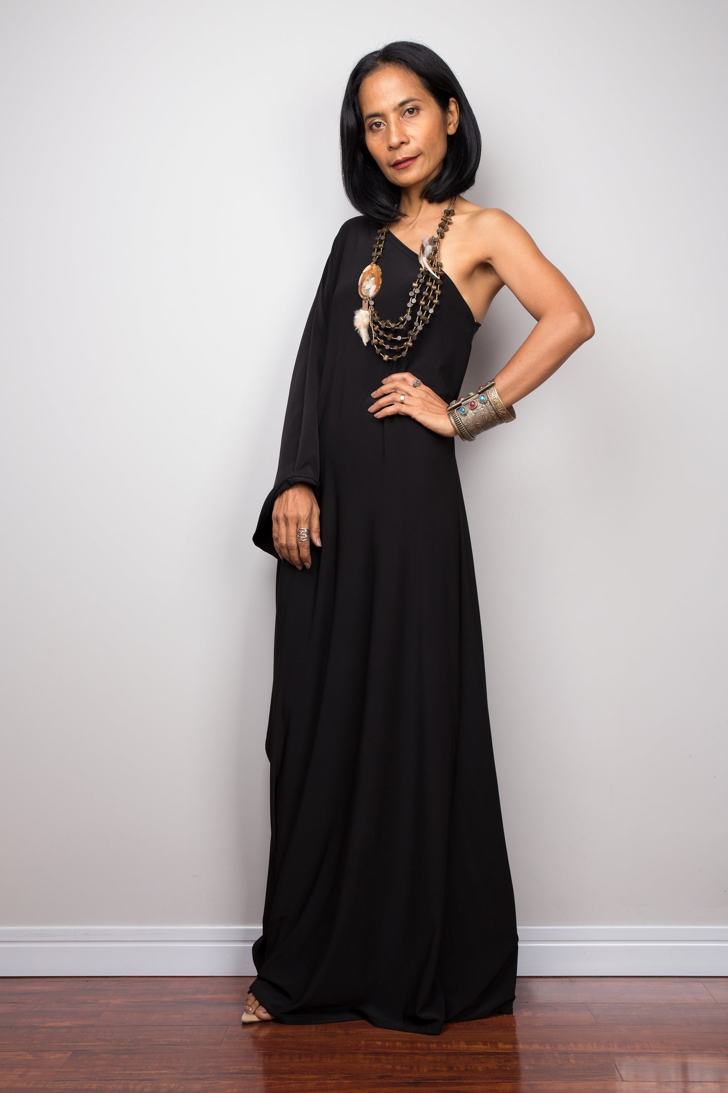 Black one shoulder dress, Long black dress which can be worn either shoulder