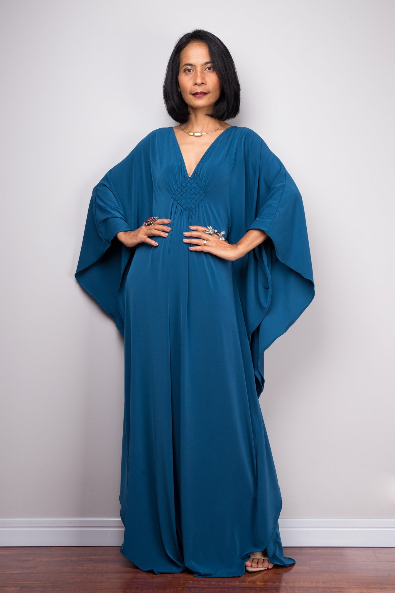 Teal kaftan dress by Nuichan, made from premium ITY spandex polyester
