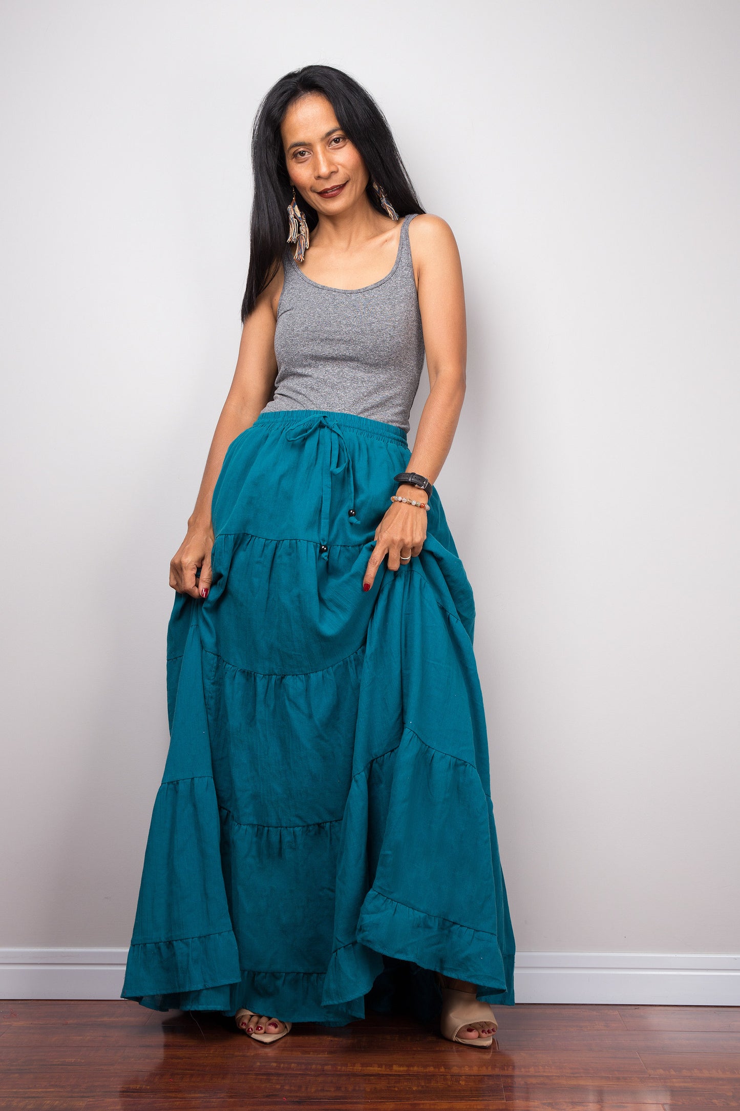 Tiered teal peasant maxi skirt