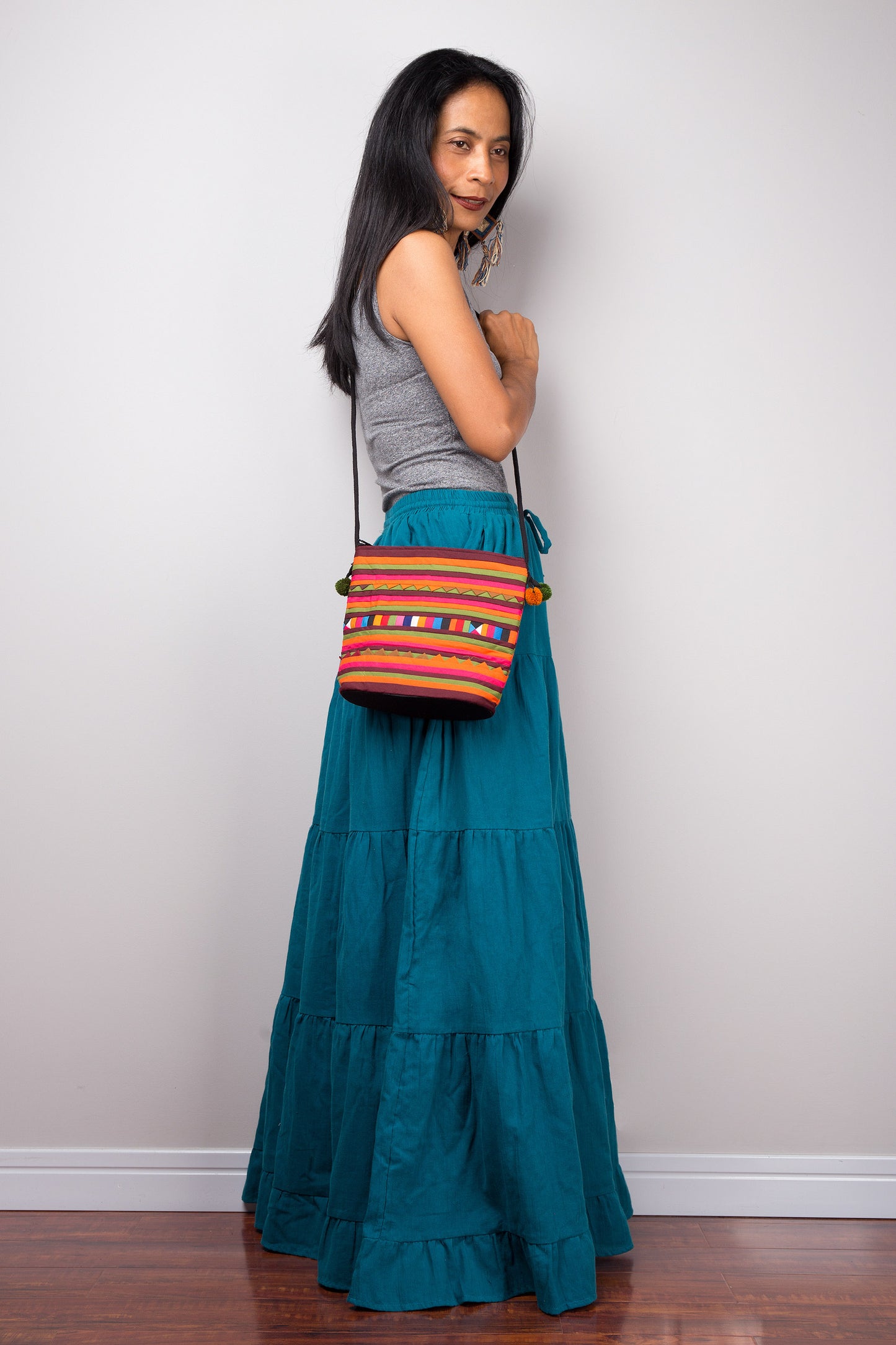 Tiered teal peasant maxi skirt