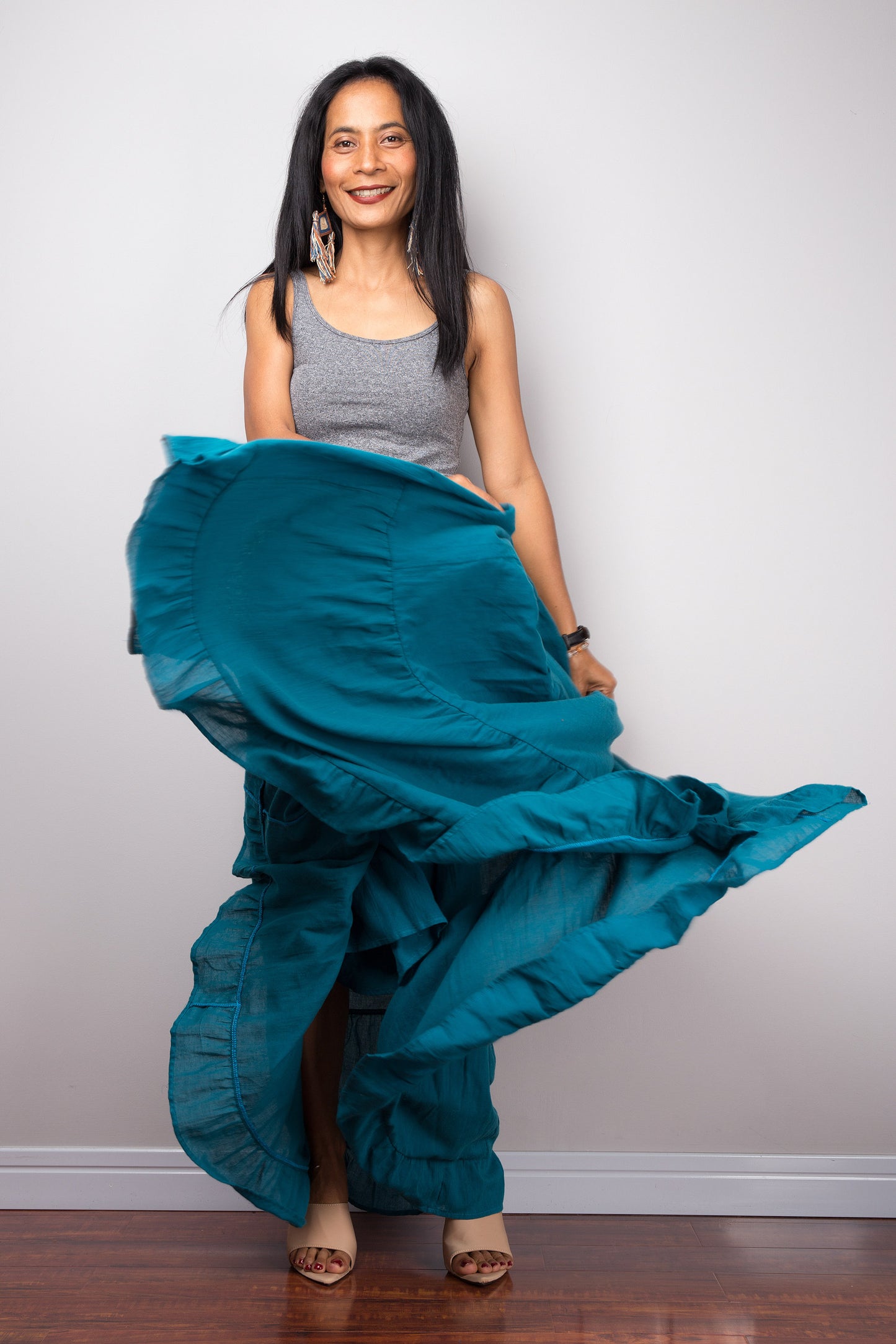 Tiered teal peasant maxi skirt