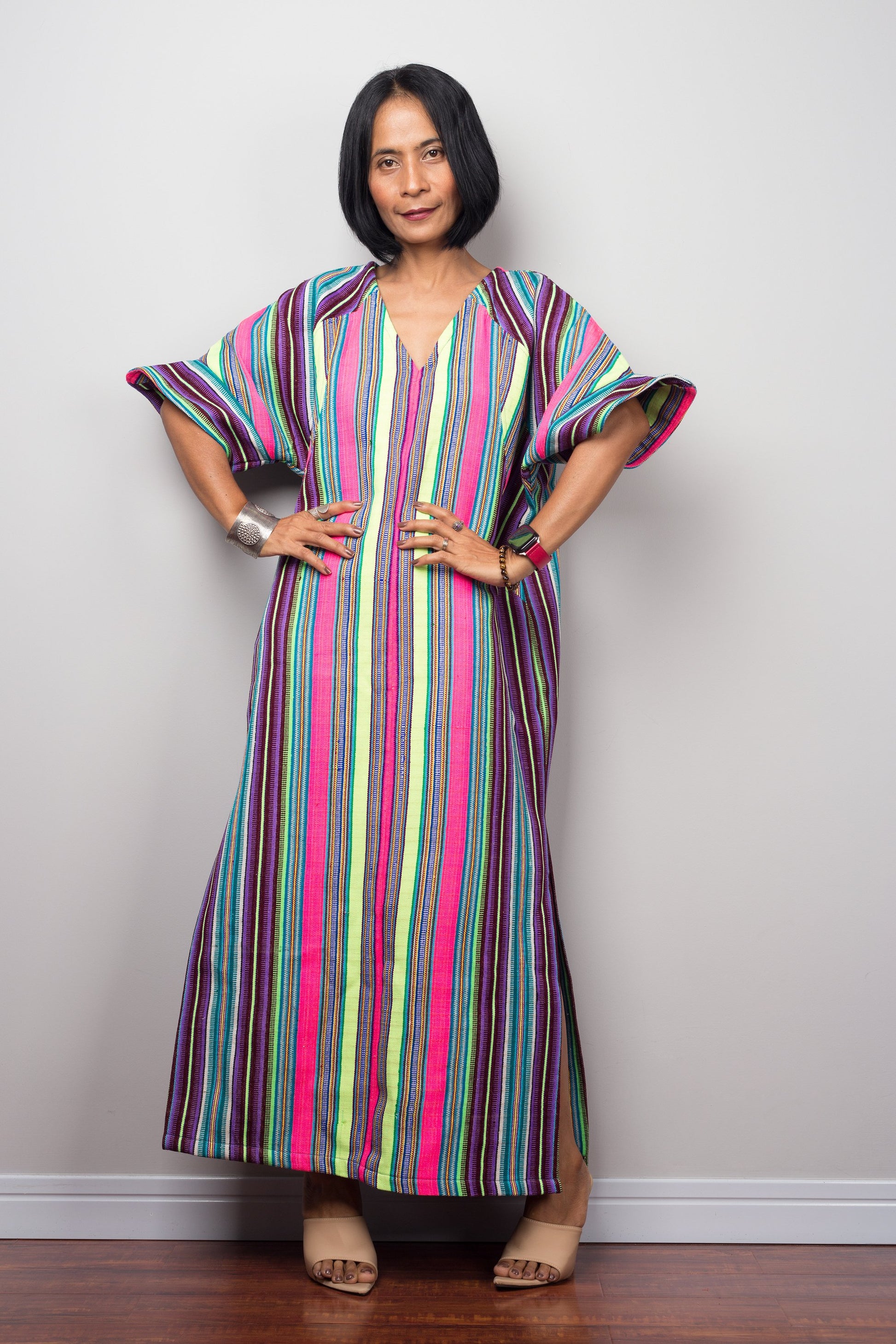 Striped Hill tribe kaftan dress with split  by Nuichan