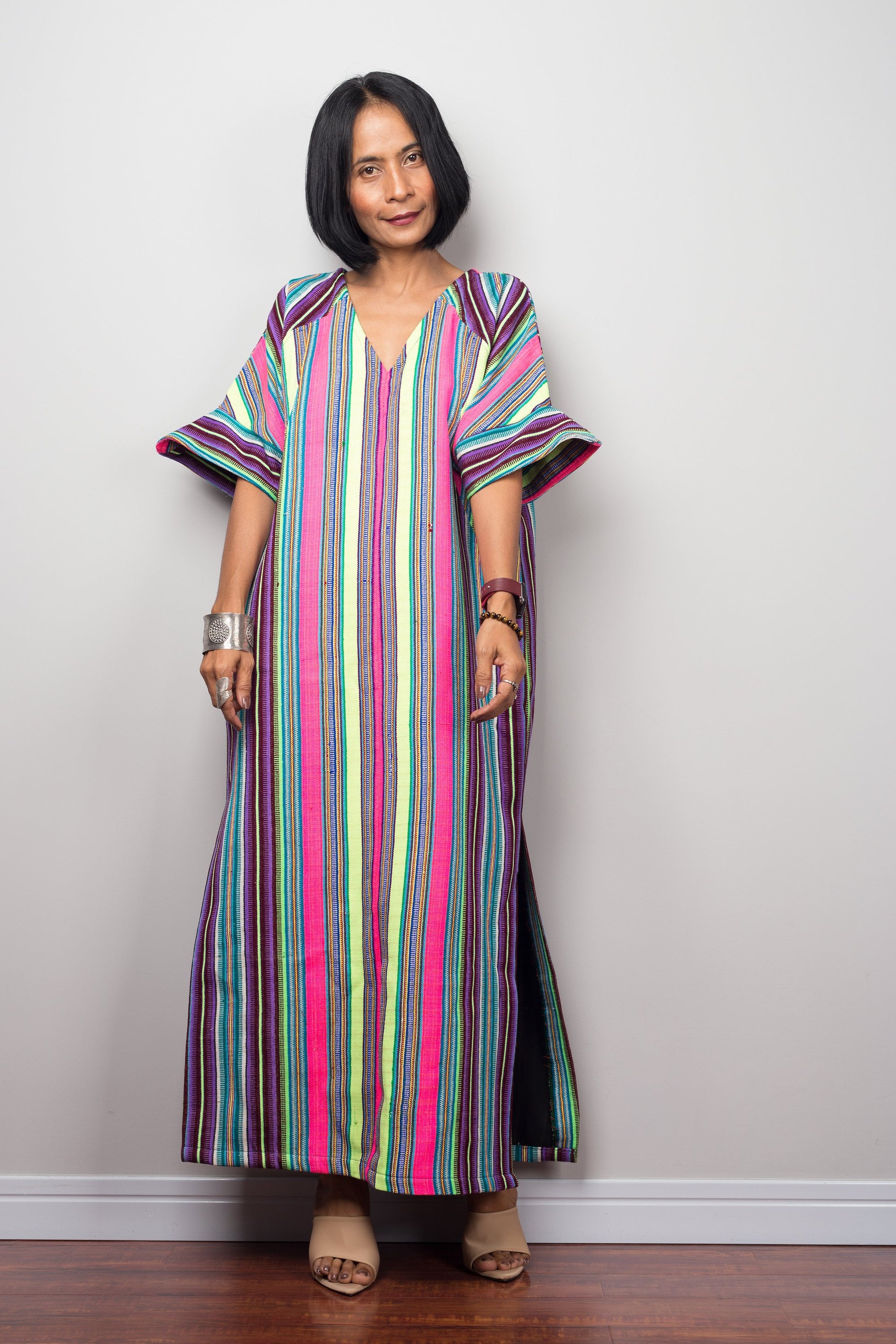 Striped Hill tribe kaftan dress with split  by Nuichan