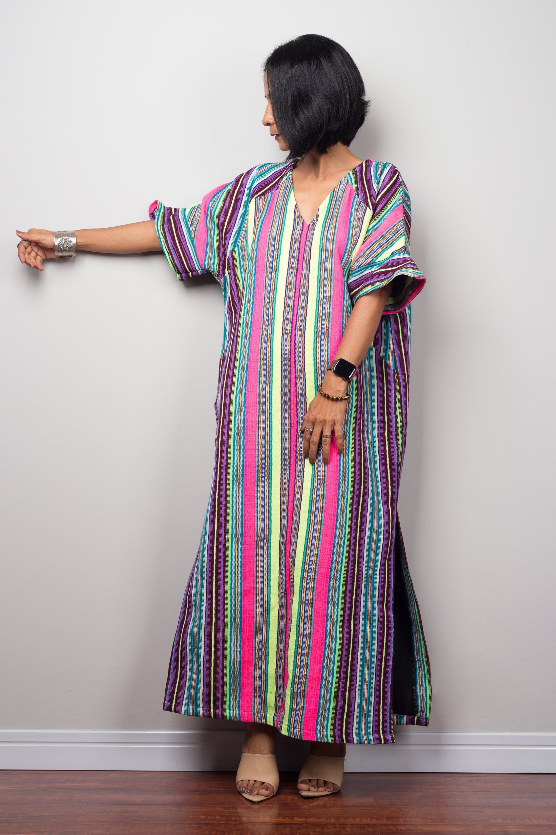 Striped Hill tribe kaftan dress with split  by Nuichan