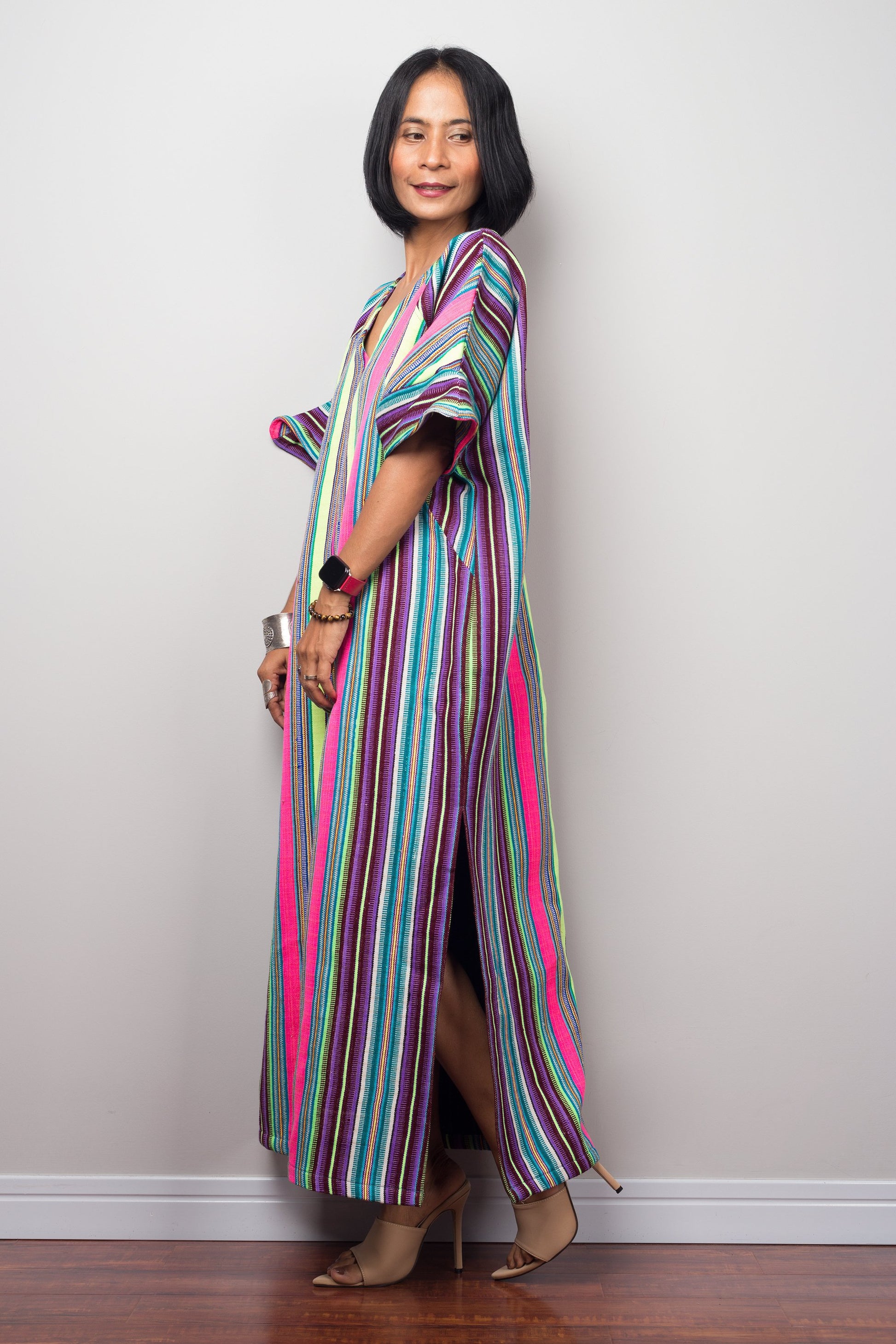 Striped Hill tribe kaftan dress with split  by Nuichan
