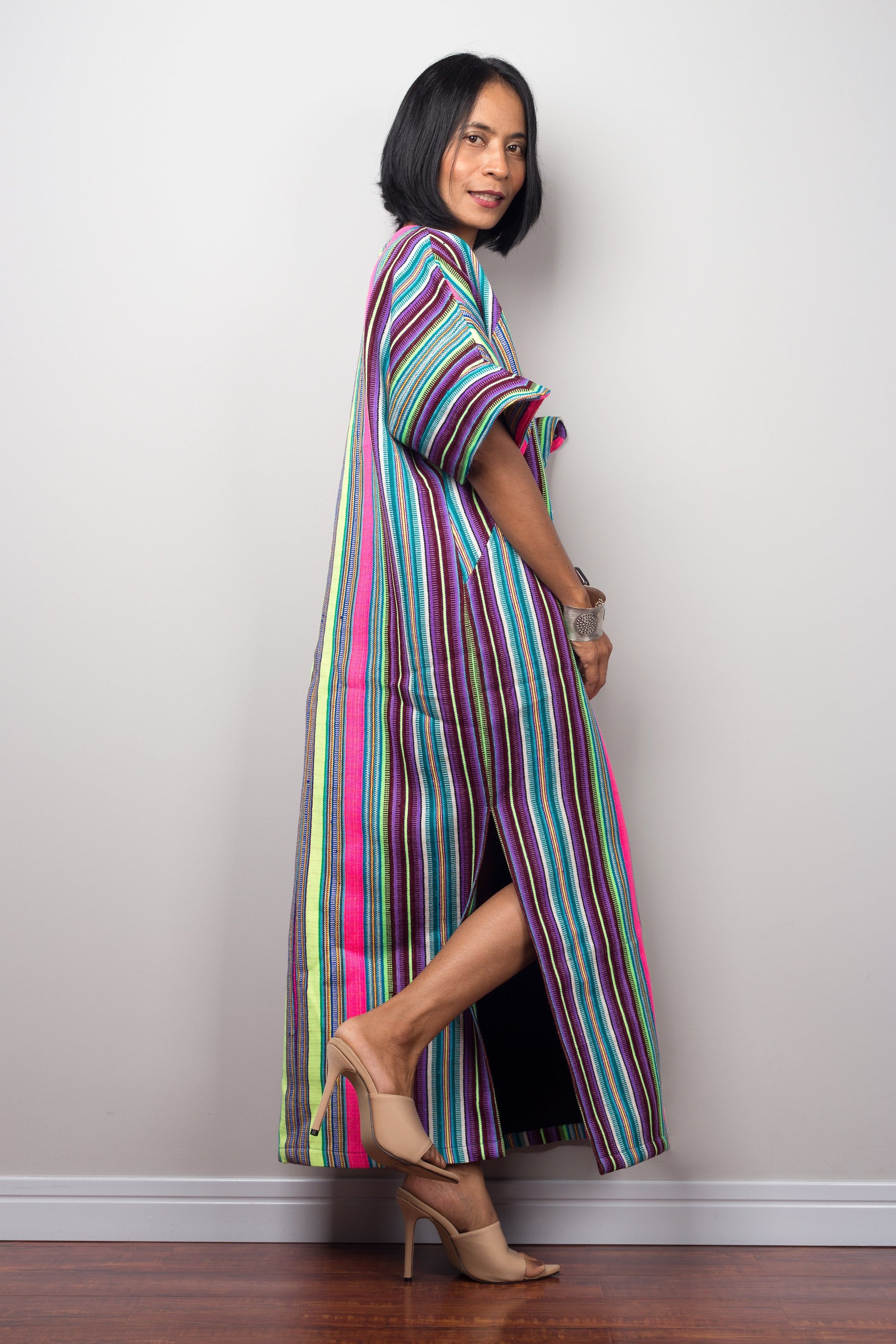 Striped Hill tribe kaftan dress with split  by Nuichan