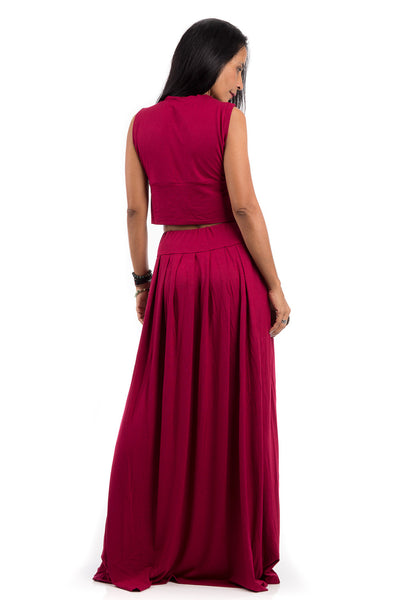 Red maxi skirt.  Long pleated skirt with high waist band and pockets on either side. 