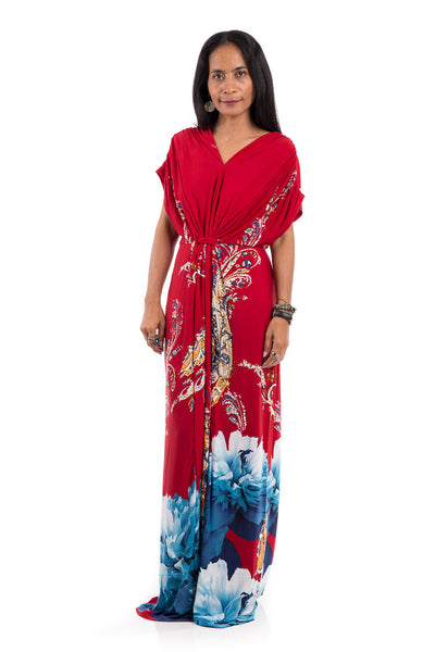 Red kimono top dress with short sleeves.  Big flower print dress with high waist.