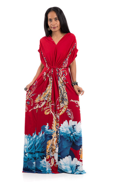 Red kimono top dress with short sleeves.  Big flower print dress with high waist.
