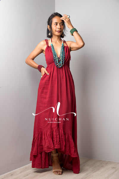 Nuichan Women's Cotton red halter dress | Short front summer dress