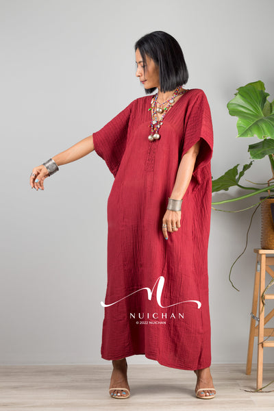 Nuichan women's cotton kaftan dress | Lightweight red summer dress